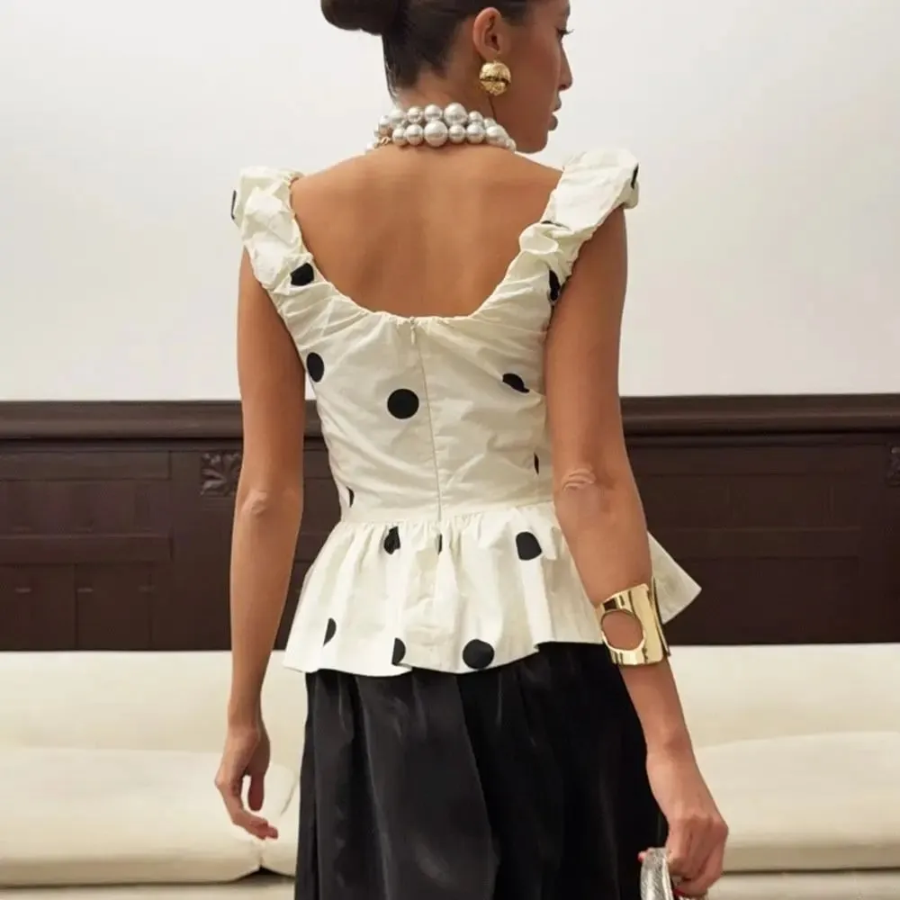 Tank Top Polka Dot Leher V Dalam Ramping Rompi Sutra Tanpa Lengan Kerut Bahu Terbuka Camis Renda Punggung Terbuka Wanita — image 2