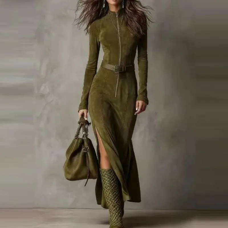 Gaun Pesta Suede Lengan Panjang Leher-o Kasual Gaun Panjang Ramping Solid Belah Samping Elegan Gaun Maxi Wanita dengan Ikat Pinggang — image 6