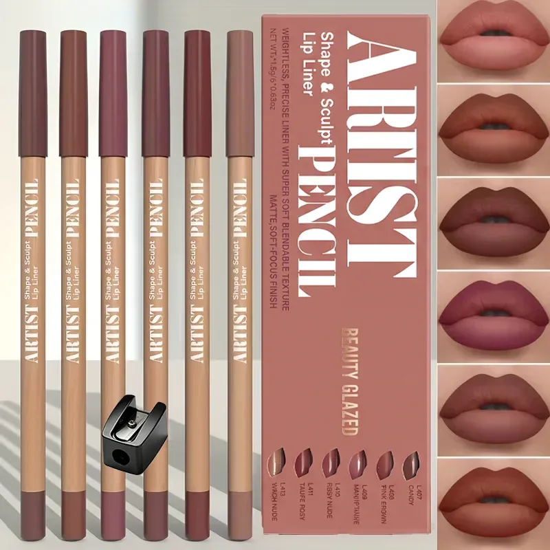 7 stk/sæt Nude Lip Makeup Sæt: 6 Matte Lip Liners + Sharpener. Langtidsholdbare matte læbeforinger med vandtætte læbeforinger — image 2