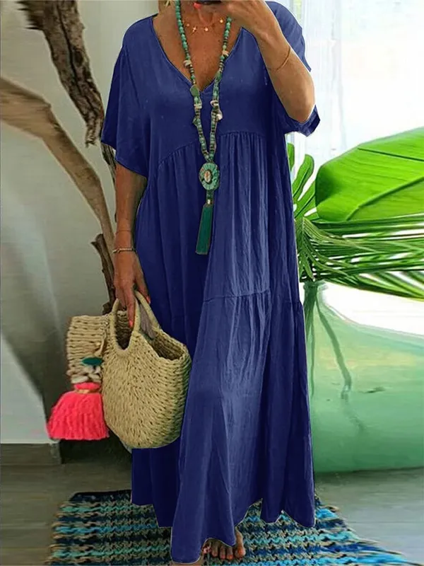 Plus Size Damen Casual Loose V-Ausschnitt Solides Langes Kleid Frühling Sommer Plissee Big Size Damenkleid — image 5