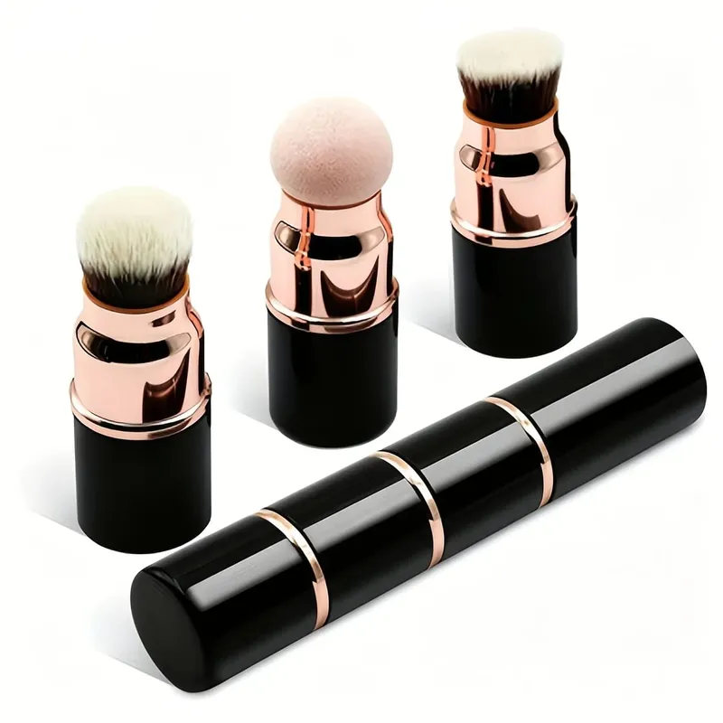 Tragbarer 3-in-1-Mini-Make-up-Pinsel mit Staubkappe, abnehmbarer Schwamm, abgewinkelte Grundierungs- und Puderköpfe, bionisches Haar, robustes Aluminium