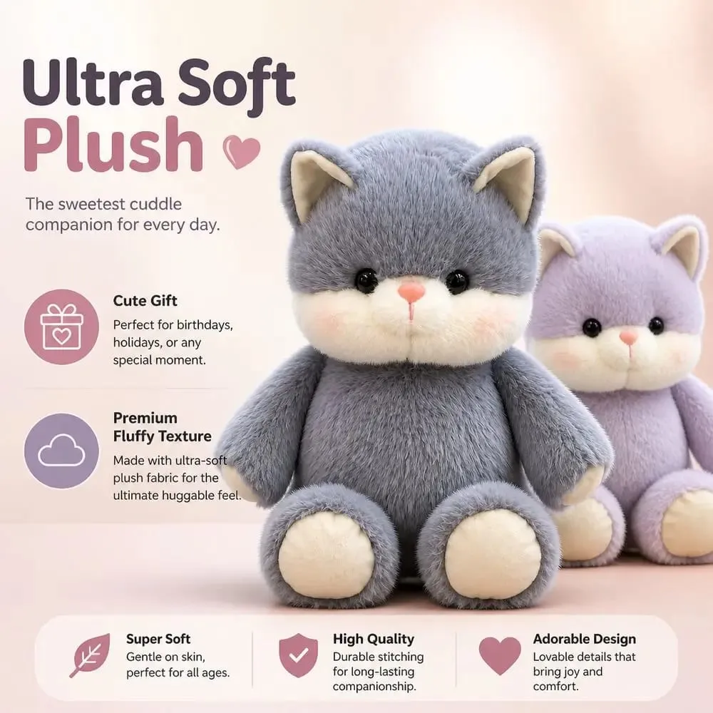 Rekaan Baru Bantal Plush Haiwan Boneka Kucing Lembut Sokongan Emosi Mainan Mewah Comel 17.7 inci Corak Kucing Boneka Binatang Mewah — image 1