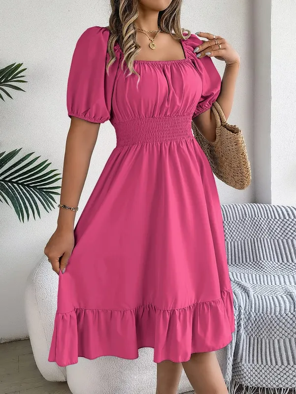 Frühling Sommer Elegantes Kleid mit hoher Taille Square Neck Kurzarm Rüschenkante Lange Kleider 2026 Valentinstag Damenbekleidung