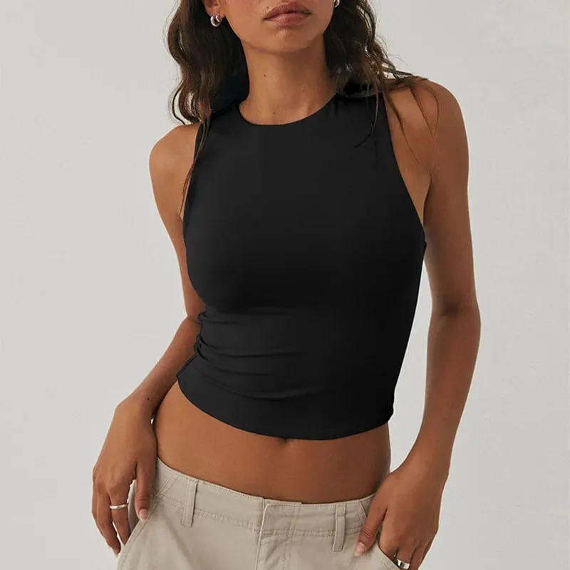 Camicia senza maniche con fondo stretto, girocollo, gilet casual in tinta unita a forma di I — image 3