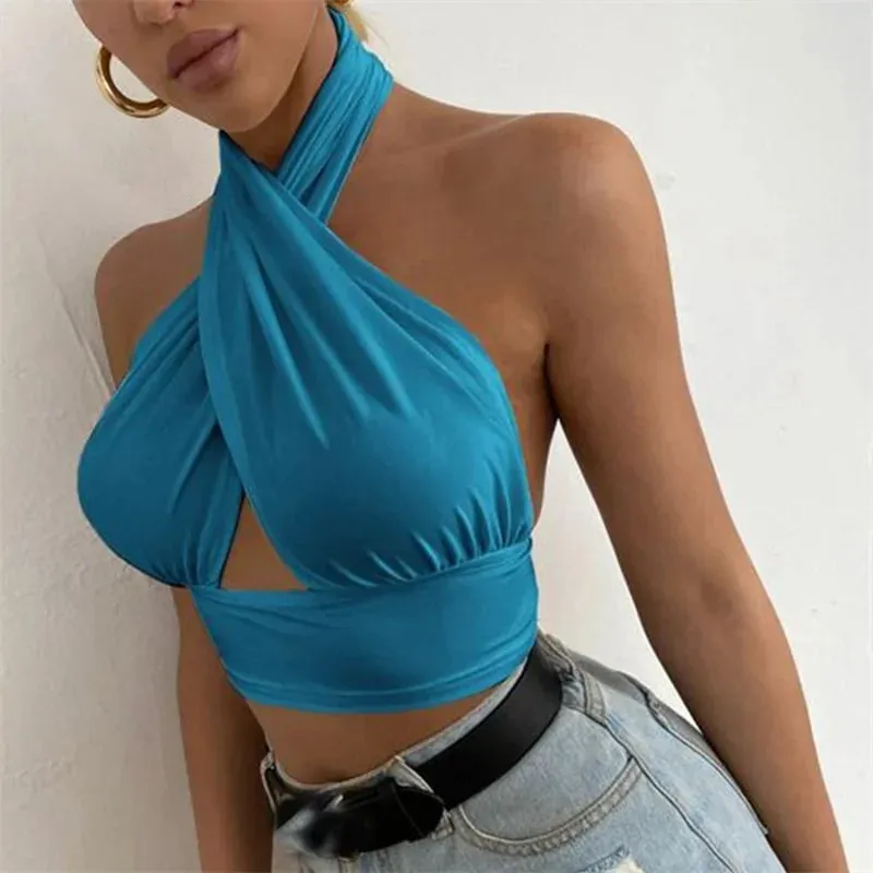 y2k ホルタートップ女性の夏服無地ノースリーブ背中の開いたベスト Tシャツ 2000s 美的服ストリート — image 5