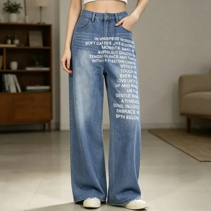 American Retro Lelaki Seluar Jeans Bercorak Huruf Bercorak Jalan Tinggi Y2K Goth Wanita Uniseks Longgar Kasual Seluar Mop Kaki Lebar — image 5