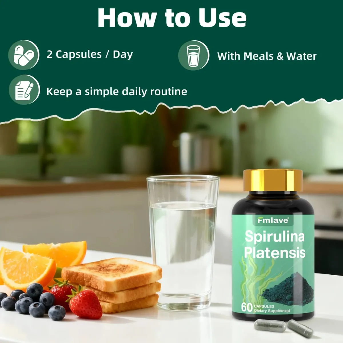 Fmlave Supplements Spirulina Orgânica - Suplemento de superalimento de algas verdes azuis rico em proteínas para energia e suporte imunológico 60 cápsulas vegetarianas — image 4
