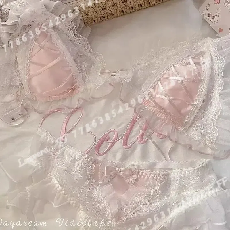 W stylu Lolita cienka koronkowa miseczka trójkątna biustonosz dla kobiet śliczny mały biust seksowna bielizna — image 4