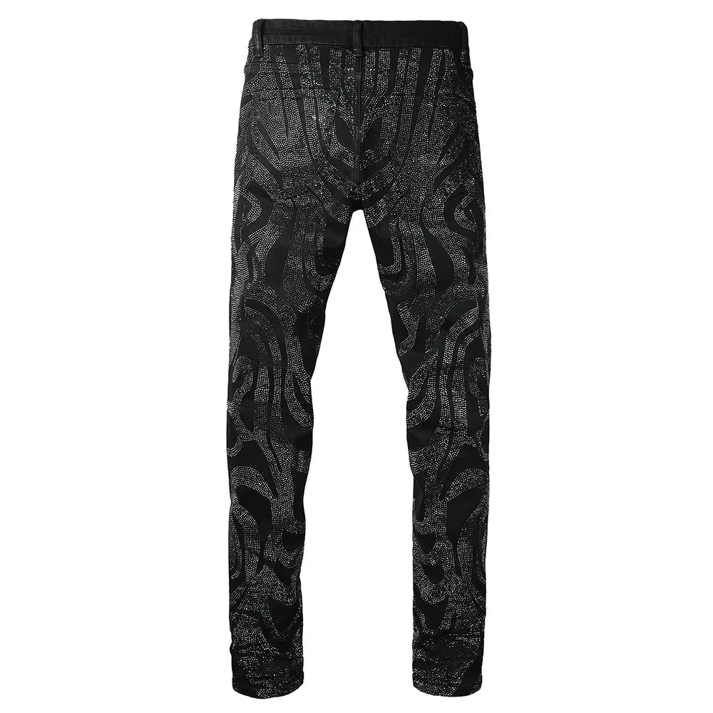 Mænd Crystal Denim Jeans Højkvalitets Rhinestone Stretch Bukser Streetwear Sorte Skinny Tapered Bukser — image 2