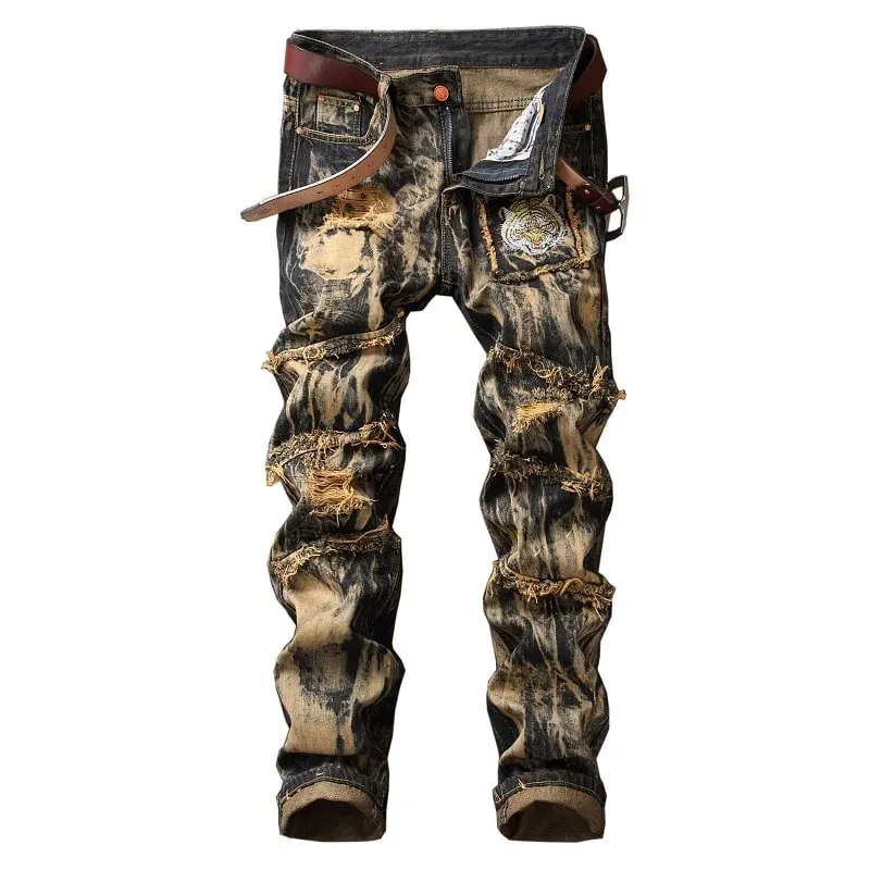 American Vintage Straight-leg Jeans for Men Featuring Distressed Rip Details Patchwork and Street-style Tapered Cut. — image 3