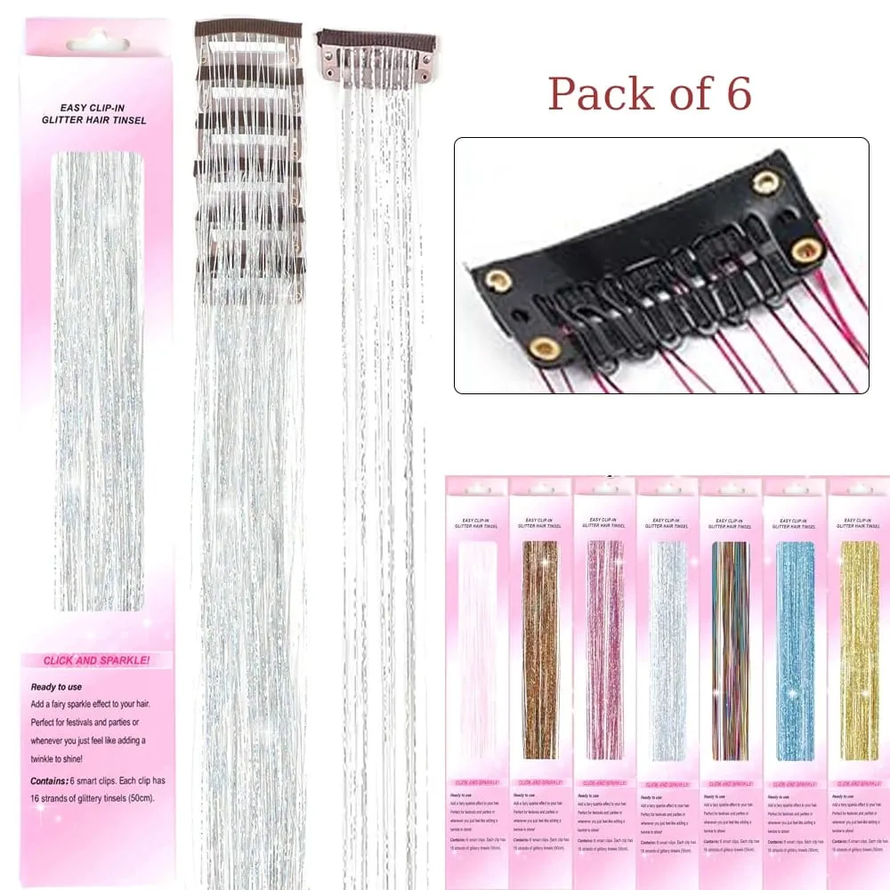 Hair Tinsel Pack Of 6Pcs Clip In Hair Tinsel 20Inch Colorful Glitter Tinsel Hair Extensions Festival Gift Tinsel Fairy Hairpiece — image 3