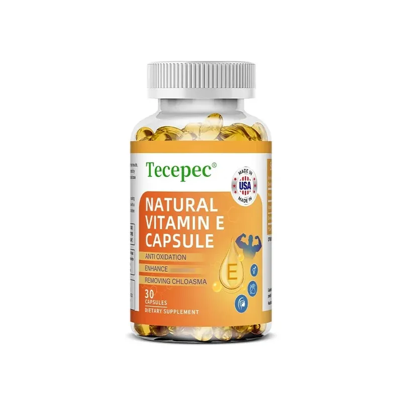Vitamin-E-Kapseln unterstützen die Blutzirkulation, wirken antioxidativ und hellen den Hautton auf. Tägliche Vitaminergänzung für die Schönheit und Gesundheit