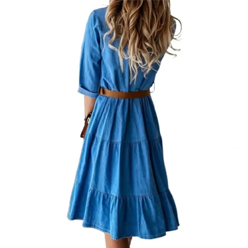 Vestido vaquero de manga tres cuartos con cinturón, cuello vuelto, botones de primavera y otoño, vestidos vaqueros con volantes para mujer 2025 — image 4