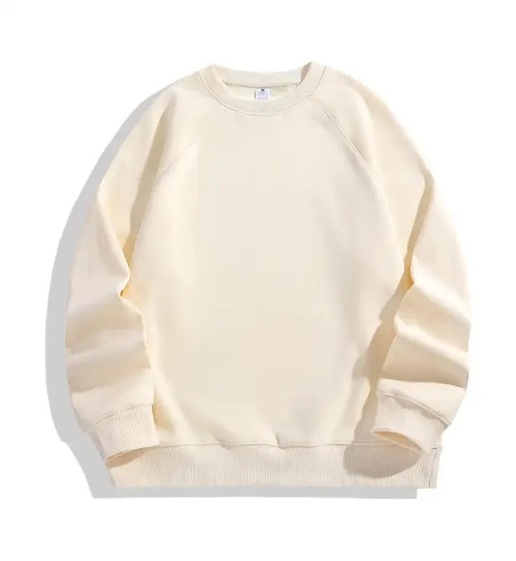 600g Baju Sweat 100% Kapas Bersaiz Besar Lelaki untuk Musim Sejuk Pepejal Beige Lengan Batwing Bulu Heavyweight Leher Krew Hoodies Termal — image 10