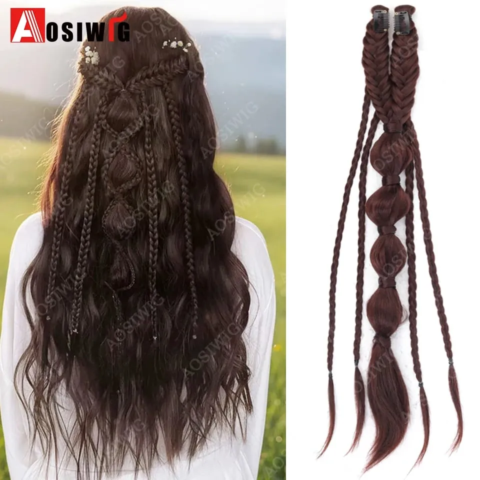 Elf Style Half Head Braided Hair Extensions Synthetic Clip In Braids Hairpiece Natural Black Dark Brown Fake Hair for Women Dail — image 10