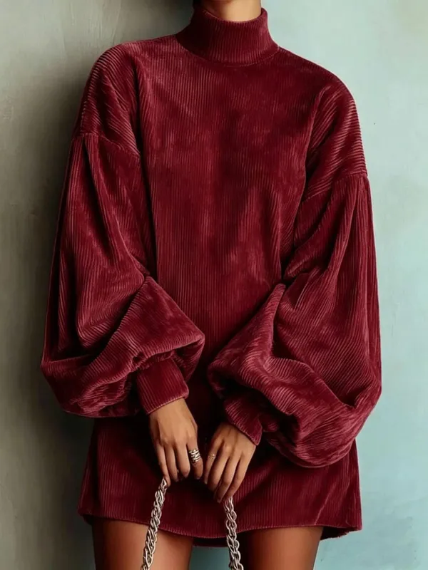Pakaian Mini Turtleneck Korduroi Wanita Bersaiz Besar Elegan Longgar Lengan Tanglung Pakaian Kasual Musim Gugur Musim Sejuk Streetwear Pakaian Pendek — image 10