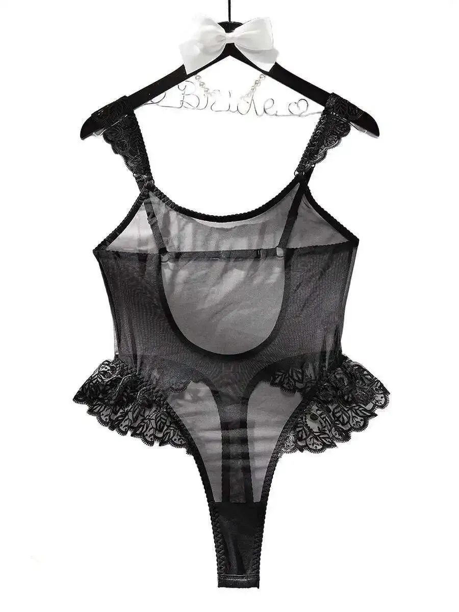 Bagong Sexy Bodysuits Ruffled Edges Patchwork Mesh Sexy Perspective Backless Deep V Suspender Walang Sleeveless Bodysuits Charming 5ZAL — image 6
