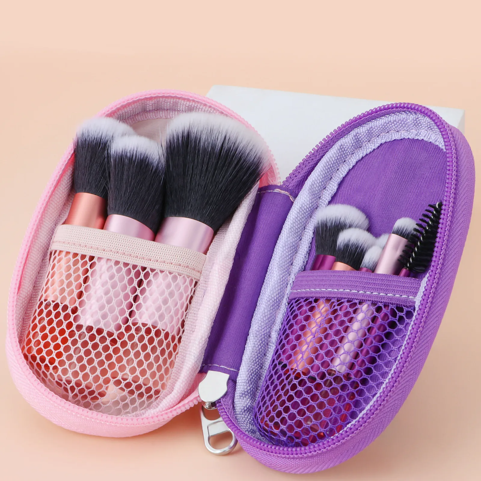 10 Mini pennelli per trucco rosa da viaggio Strumenti per trucco portatili Puff per trucco - Set di strumenti per trucco professionale con pennelli per palmo
