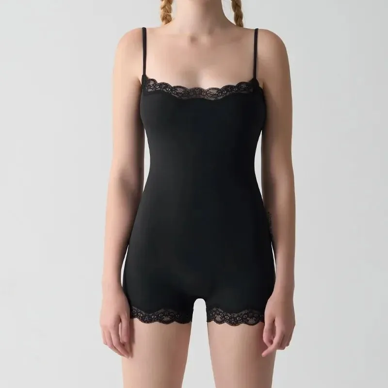 Pakaian Dalam Tali Spaghetti Leher Persegi Kemasan Renda Wanita Tanpa Lengan Slimming Bodycon Jumpsuit Romper — image 4