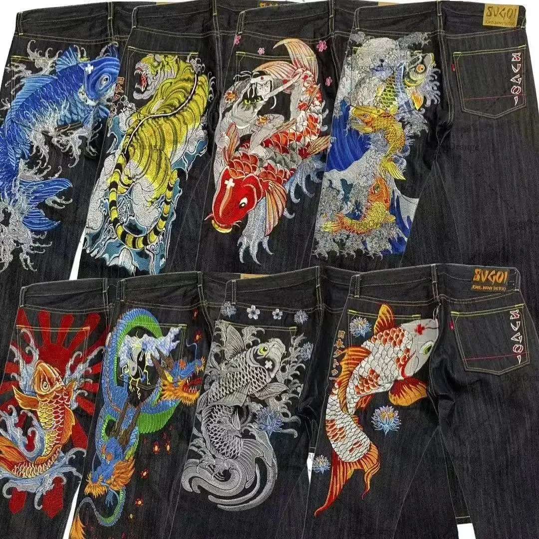 Japanische Hip-Hop-Jeans mit Brokat-Karpfen-Aufdruck, gleicher Stil, Paar-Waschung, hohe Taille, Retro-Freizeithose, lockere Passform, gerade Hose mit weitem Bein — image 8