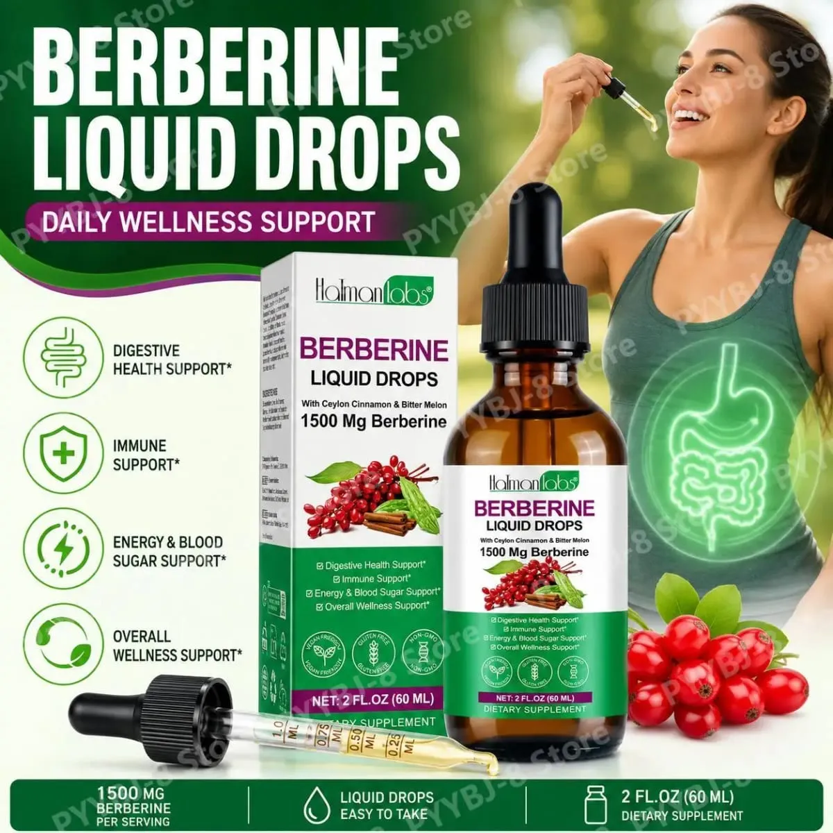Holmanlabs Berberine Liquid Drops with Ceylon Cinnamon and Bitter Melon Digestive Health Support 1500 Mg Vegan Non-GMO 60 ML — image 1