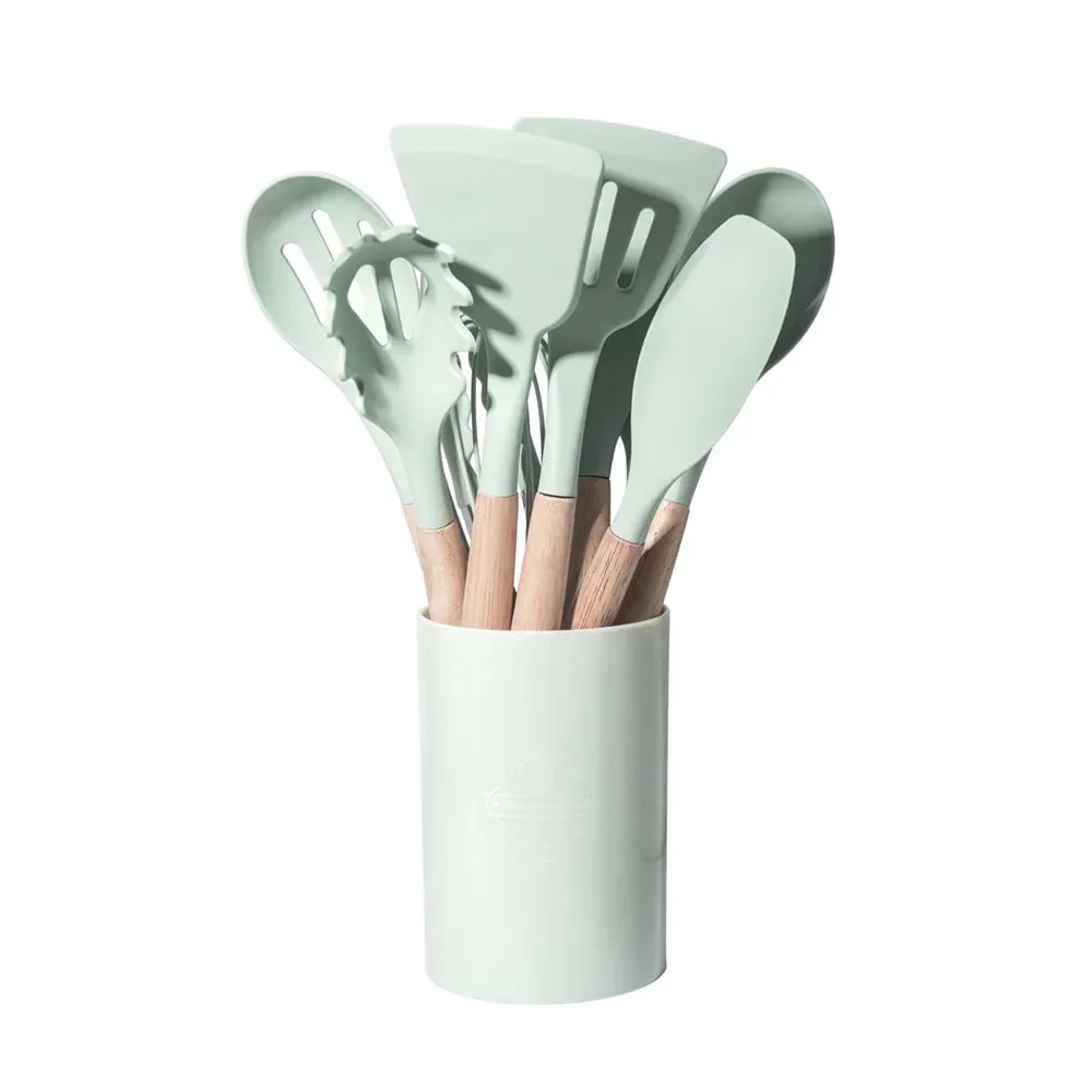 12pcs Set Pemegang Kayu Silikon Pelbagai Warna Set Peralatan Dapur Tidak Melekat Spatula Periuk dan Sudu Peralatan Memasak Tahan haba