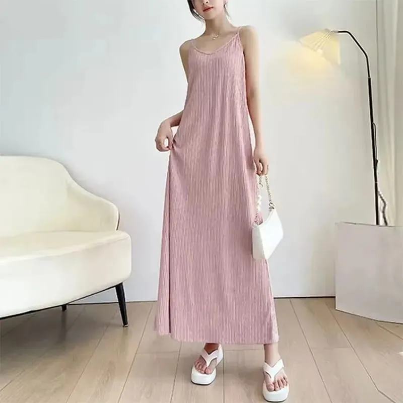 ผู้หญิงสปาเก็ตตี้ชุดสาย 2026 ฤดูร้อนสีทึบหลวม Long Beach Sundress Lasy Elegant ชุดราตรี Midi Dresses — image 8