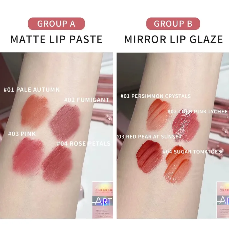 ART VALUE 4Pcs Lipgloss Liquid Lipstick Lasting Moisturizing Makeup Mirror Lip Glaze Set With Necklace Lip Tint Beauty Makeup — image 6