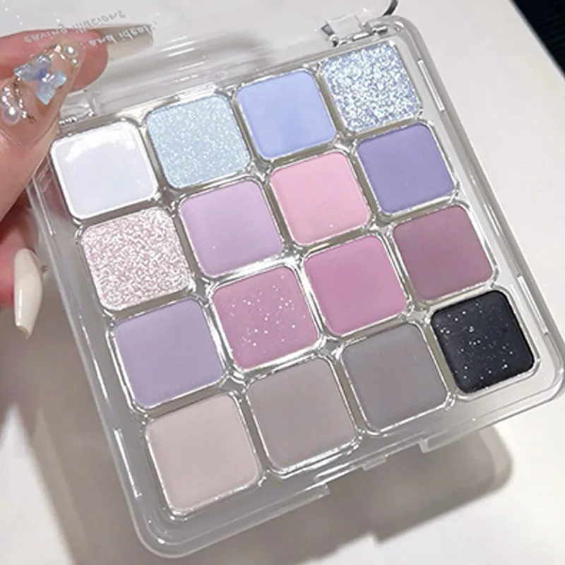 16-Farben-Lidschatten-Palette, matt, niedrige Sättigung, wasserfest, glitzernd, blauer Lidschatten, langlebiges rosa Augen-Make-up, koreanische Kosmetik