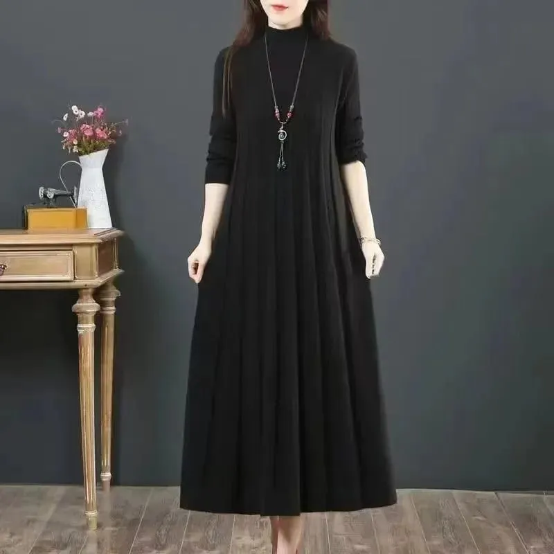 Herbst/Winter Frauen Gestrickte Kleid 2025 Neue Feste Lose Pullover Halb Hohe Kragen Lange Gestrickte Pullover Kleid Weibliche Hohe-qualität — image 5