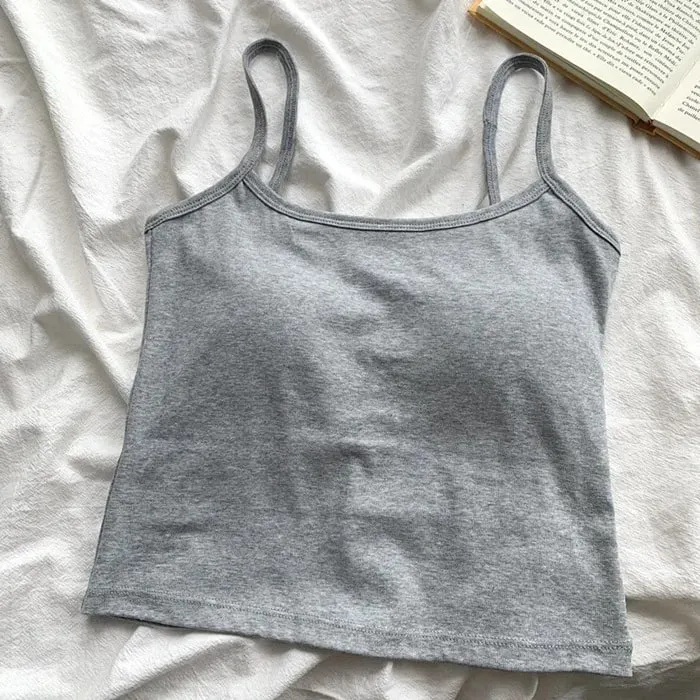 ผู้หญิงสีทึบสายรัดแขนกุด Slim Camisole พร้อมแผ่นหน้าอกสบาย Daily TOP Travel ภายในกีฬาผ้าฝ้ายเสื้อกั๊ก — image 10
