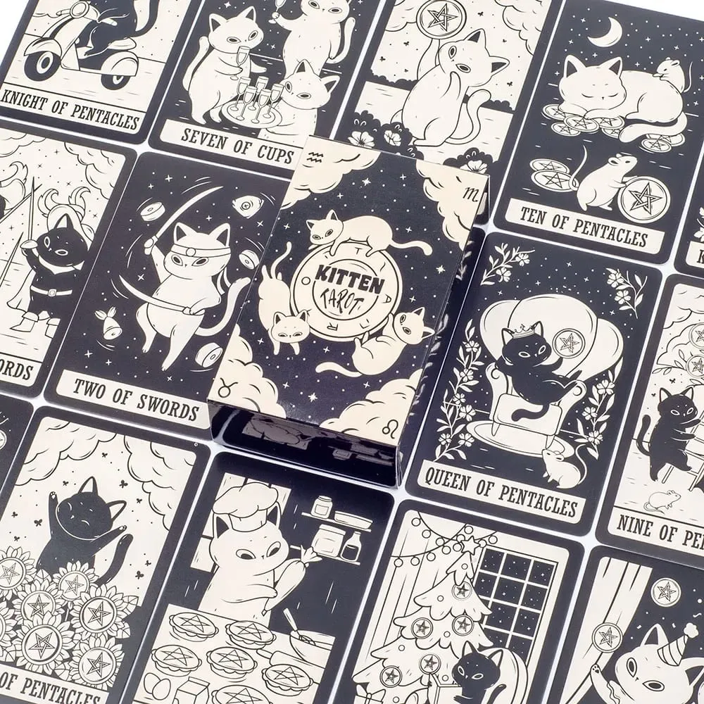 Mèo Con Bộ Bài Tarot 78 Chiếc Màu Đen Trắng Dễ Thương Dành Cho Người Mới Bắt Đầu Phiên Bản Bí Ẩn Board Game Vui Vẻ Bói Bộ — image 3