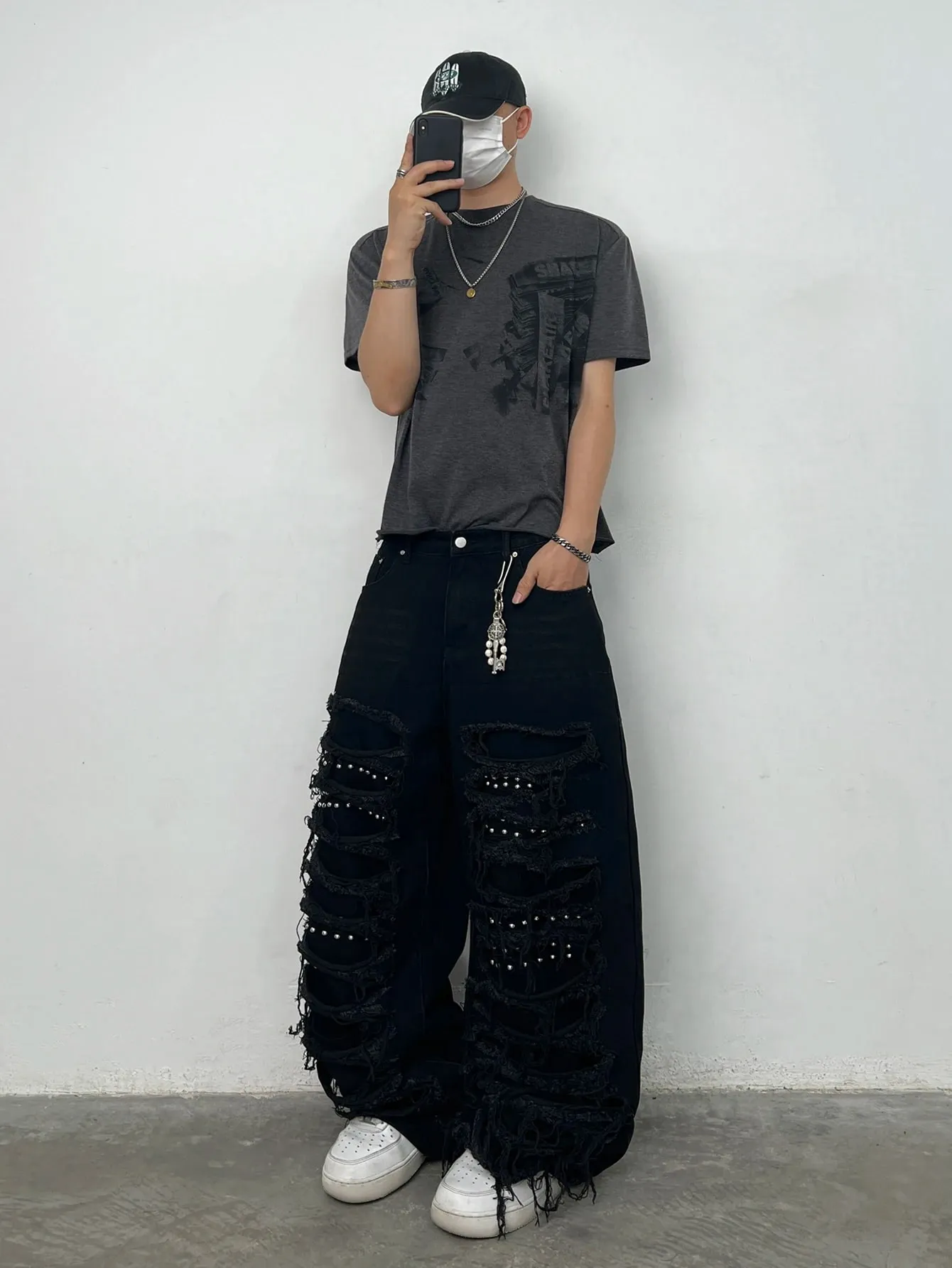 American High Street Hai Lớp Miếng Dán Rách Đính Đá Thiết Kế Nam Màu Đen Quần Jeans Lỏng Lẻo Y2K Đường Phố Hip-Hop Quần Ống Rộng Thời Trang — image 9