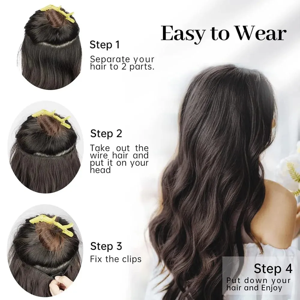 Black Halo Hair Extensions ที่มองไม่เห็นลวดปรับขนาด 22 นิ้วยาว Wavy Curly Hairpieces สำหรับผู้หญิงไม่มีคลิป — image 6