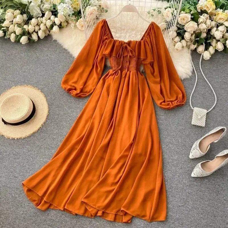 Chic Eleganter Platz Kragen Maxi Kleid Frauen Solide Chiffon Puff Sleeve Kleider 2026 Strand Party Robe Vintage Rüschen Vestidos Y2k — image 5