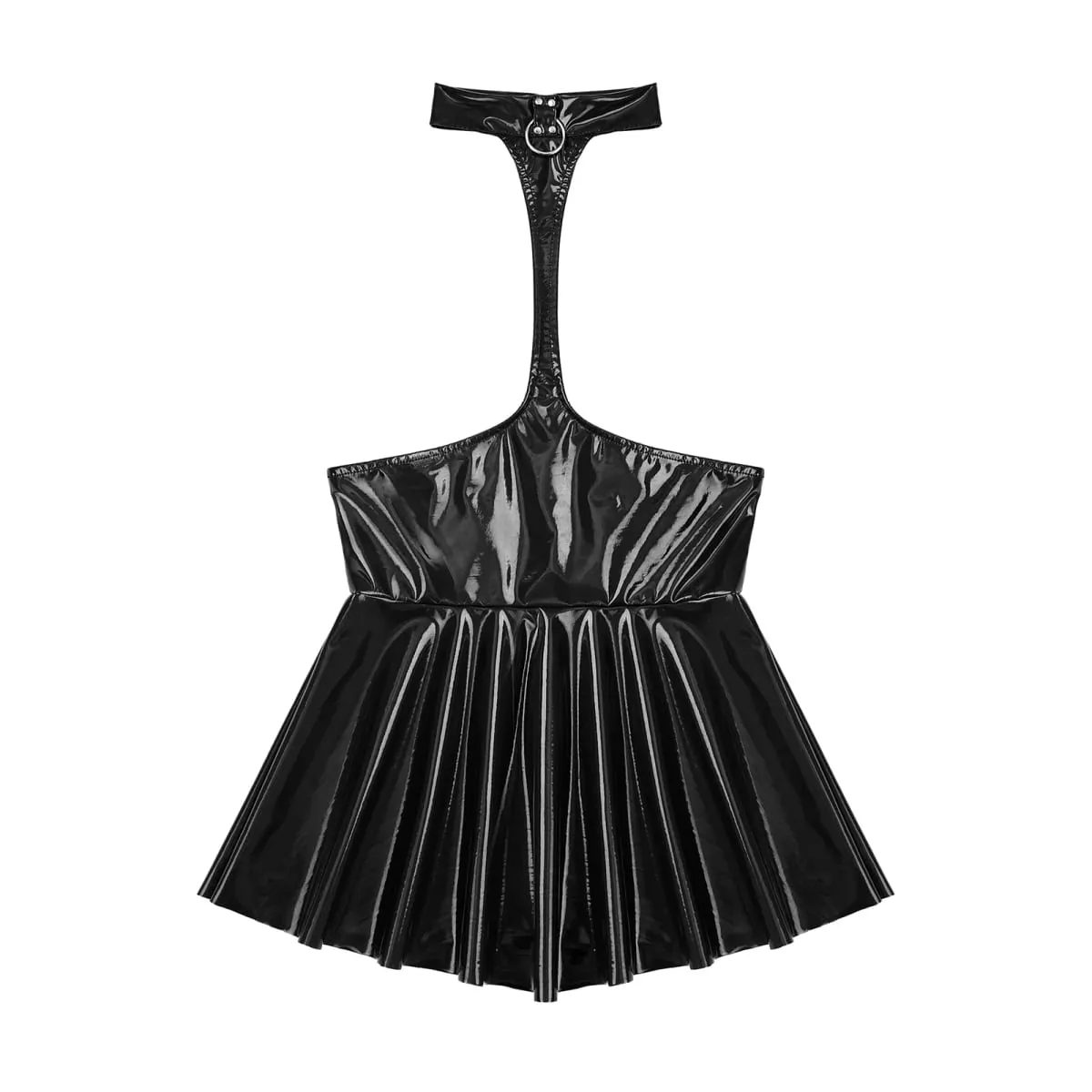 สตรี Shiny Metallic Faux หนัง Hollow Out Halter Backless Mini Skater Dress ดูเปียกจีบกระโปรงสายปาร์ตี้ Clubwear — image 3