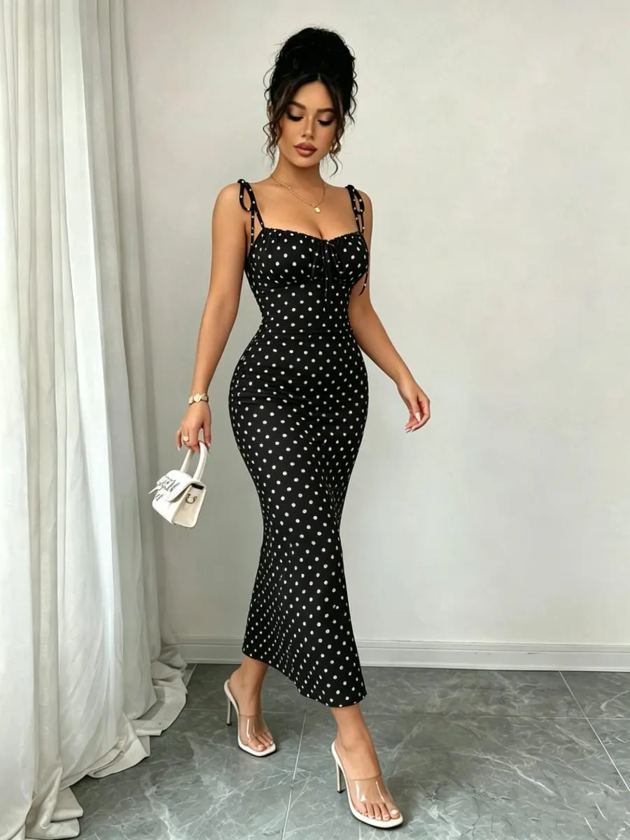 Black and White Polka Dot Bow Mid-Length Dress Pleated Tight-Fitting Fishtail Dress Vintage Slim-Fit Fishtail Party Long Dress — image 4
