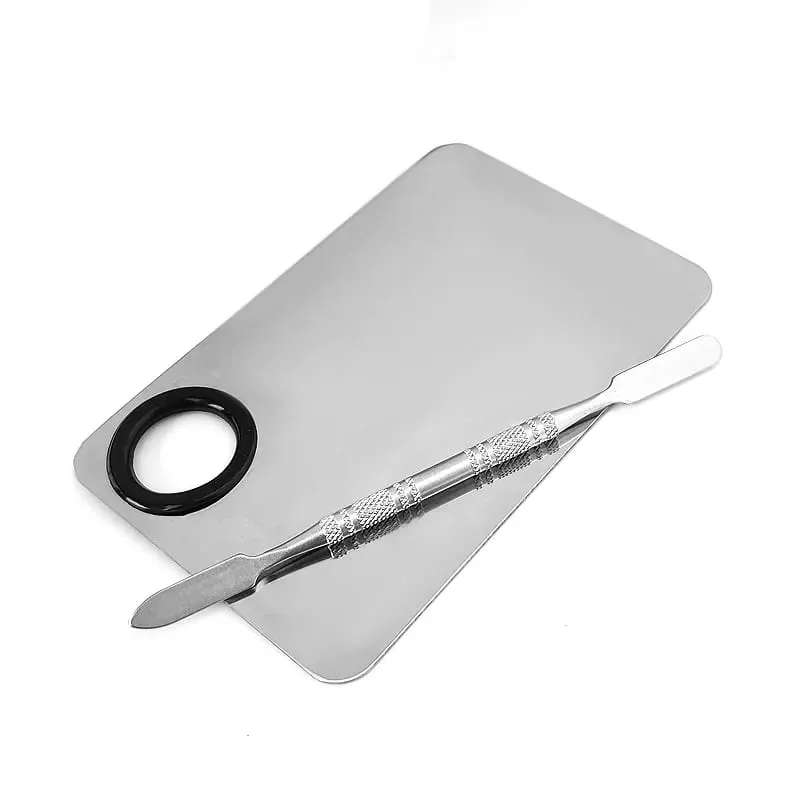 Paleta de mistura de maquiagem atualizada, bandeja de mistura de metal em aço inoxidável com espátula, ferramenta artística para base de mistura, arte em unhas — image 3