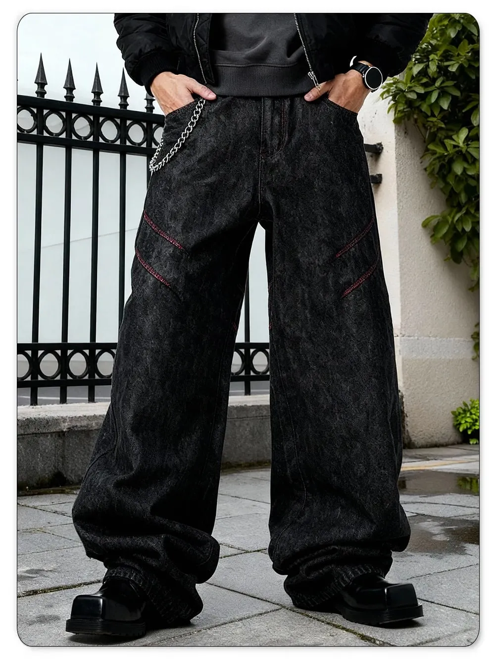 Four Seasons American Retro Men's Black Baggy Wide Leg Jeans Basic Business Casual Loose Denim Pants Unisex Street Jeans — image 8