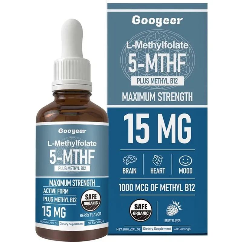 Googeer L-metilfolato 5-MTHF gocce liquide con metil B12 15 mg 1000 mcg Forza massima Cuore Cervello Supporto per l'umore 60 ml — image 8