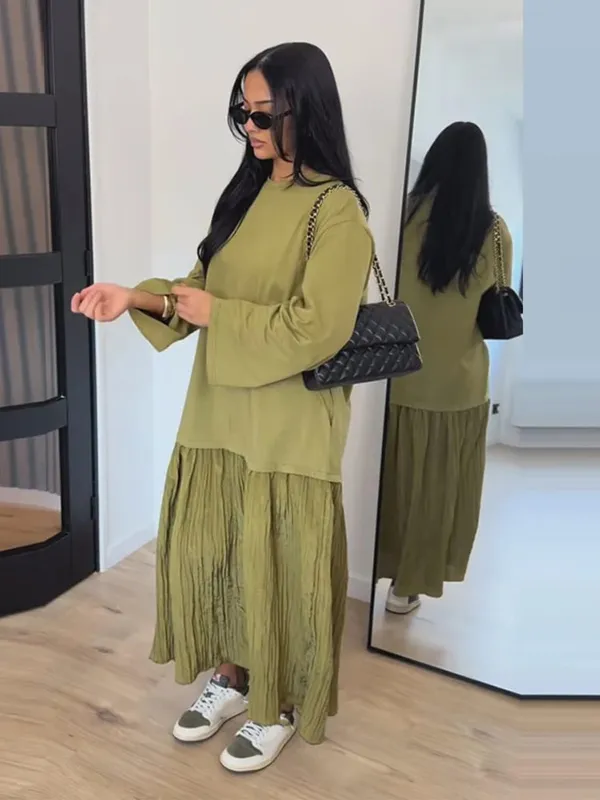 Patchwork z krótkim rękawem długa, obszerna sukienka damska elegancka, dekolt w kształcie litery "o", plisowana luźna impreza wieczorowa suknie letnia w stylu Casual, damska Vestidos — image 7