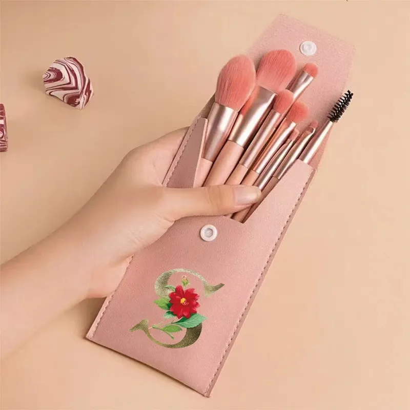 Juego de brochas de maquillaje para principiantes, brochas suaves y esponjosas para rostro y ojos con bolsa de PU, ideal para maquilladores, patrón de flores doradas — image 17