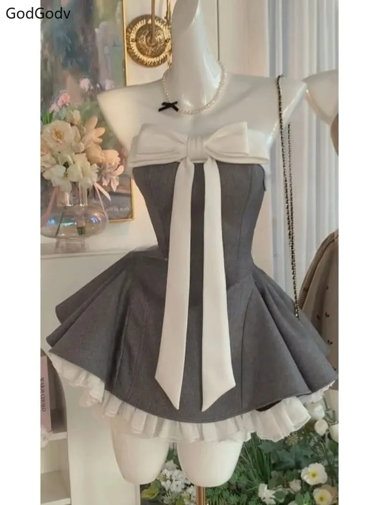 Sommer Neue Vintage Elegante Frau Kleid Liebsten Bogen Patchwork Hohe Taille Puffy Mini Kleid Weibliche Französisch Chic Sexy Outfits 2025 — image 2