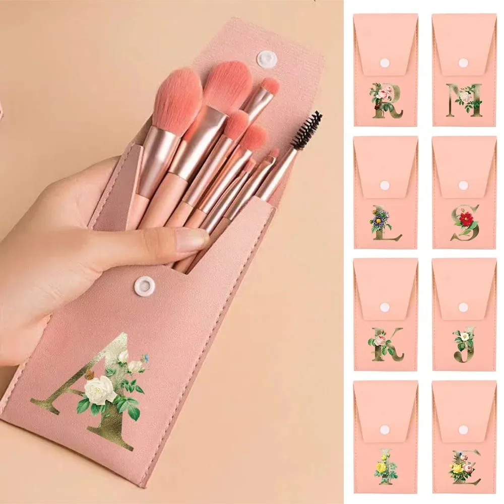 Juego de brochas de maquillaje para principiantes, brochas suaves y esponjosas para rostro y ojos con bolsa de PU, ideal para maquilladores, patrón de flores doradas — image 1