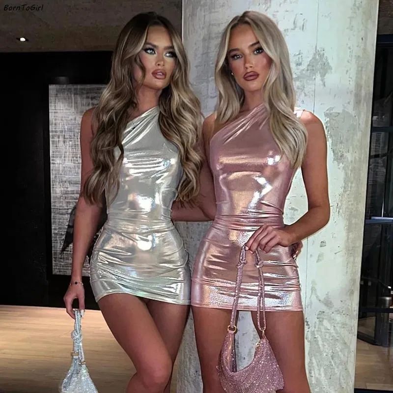 Abiti aderenti monospalla sexy per le donne Mini abito attillato irregolare solido Festa femminile Glutei da discoteca Abito corto Vestido — image 1