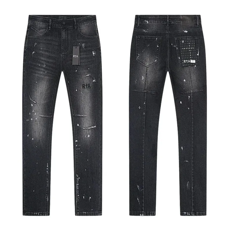 New RTA Destroyed Scratch Hole Light Blue Distressed Jeans Men's High Street Elastic Slim Fit Jeans 2026 Brand Pants Streetwear — image 15