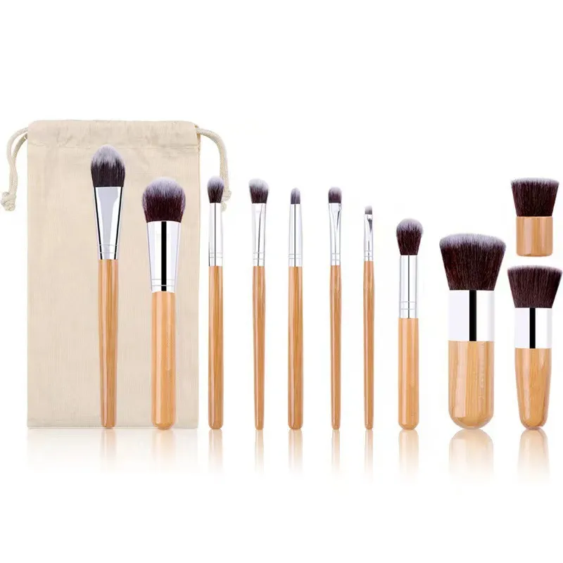 11 stk/sæt makeupbørster med naturligt bambushåndtag Professionel foundation-blandingsbørste Kosmetisk makeup-værktøj med bomuldspose — image 2