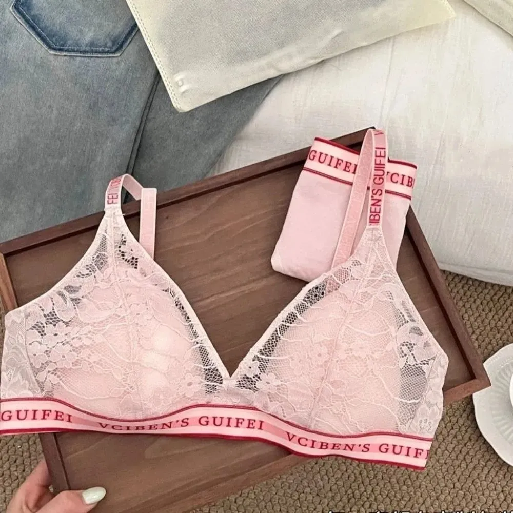 สบายออกแบบตัวอักษรชุดชั้นใน Deep V ไร้สายผู้หญิงชุดชั้นในลูกไม้สี Blocking Bra กางเกงชุดสาว — image 5
