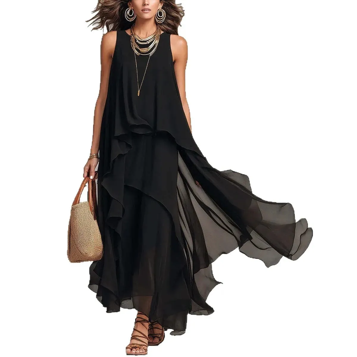 2026 Nuovo abito lungo in chiffon irregolare senza maniche nero con temperamento elegante per abito da donna — image 5