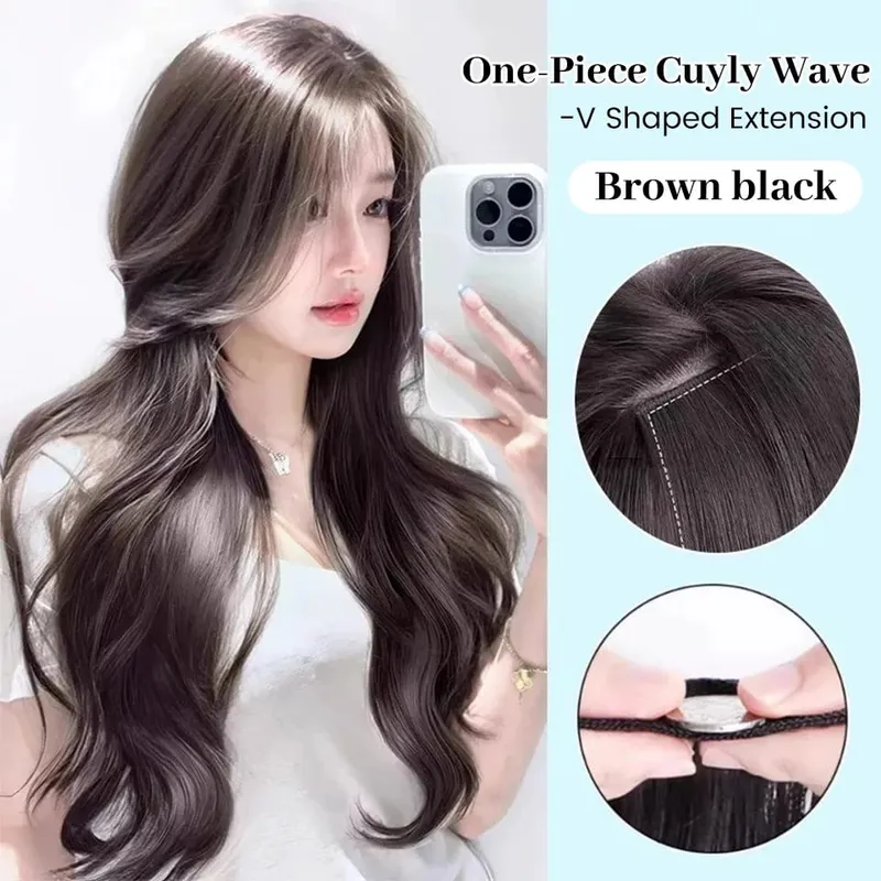 20Inch Synthetic Long Curly Wavy Layered V-Shaped Clip-in Hair Extension 4 Clip Heat Resistant Hairpiece for Women Daily Party